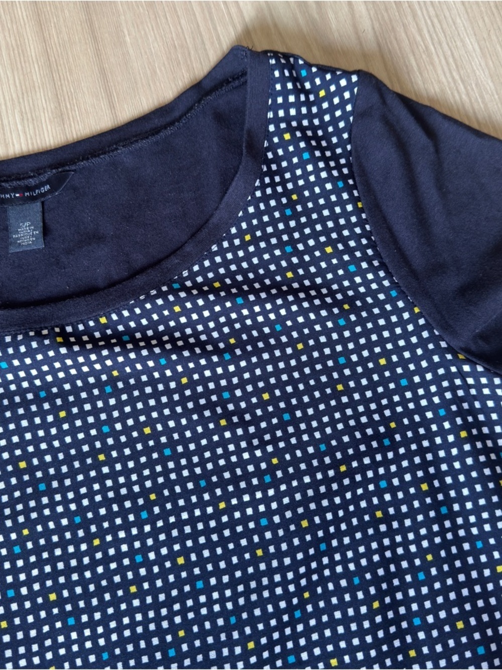 Tommy Hilfiger Navy Short Sleeve Grid Print Tee with Blue & Yellow Dots